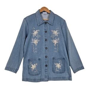 Y2K The Blue Denim Jacket M Blue Beaded Floral Romantic Cottagecore